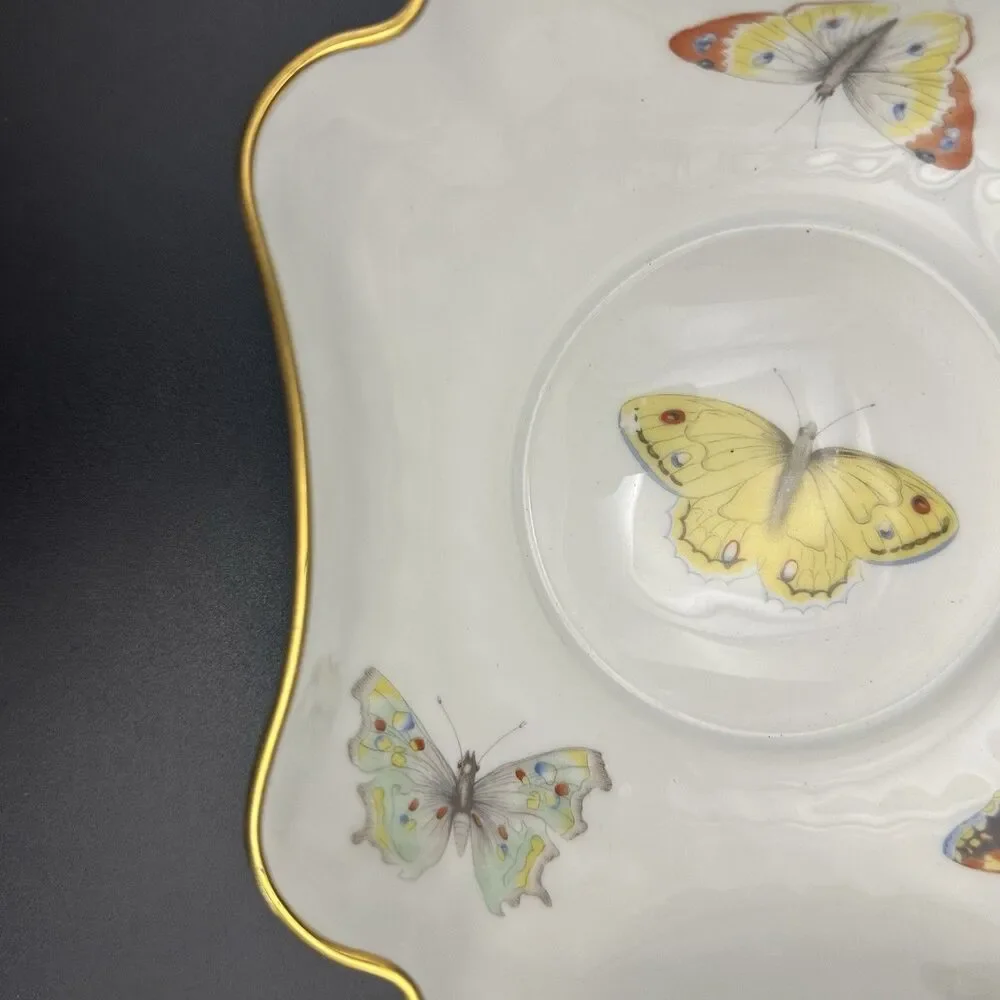 Antique L Bernardaud Limoges Butterfly Porcelain Bowls Pair Gold Gilt France